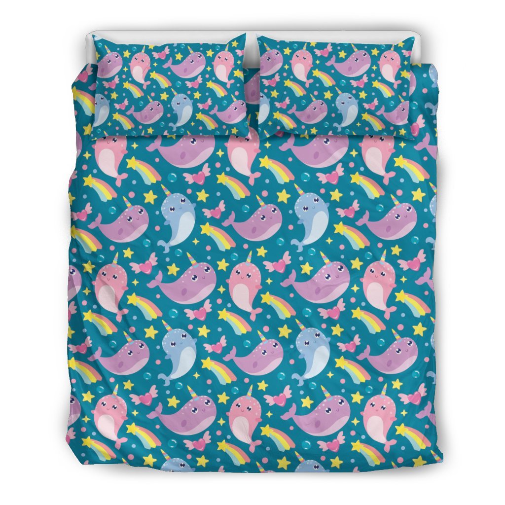 Rainbow Narwhal Pattern Print Duvet Cover Bedding Set-grizzshop