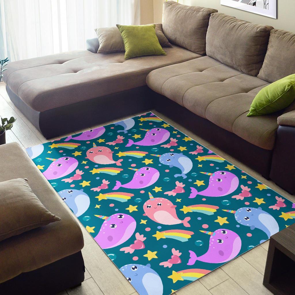 Rainbow Narwhal Pattern Print Floor Mat-grizzshop