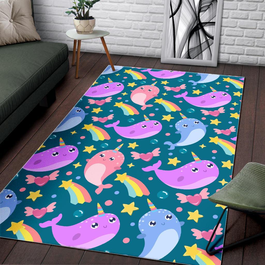 Rainbow Narwhal Pattern Print Floor Mat-grizzshop