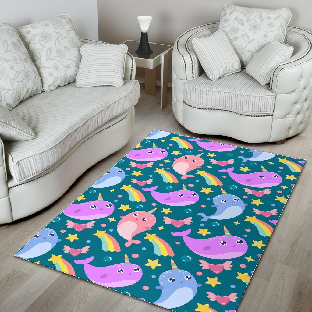 Rainbow Narwhal Pattern Print Floor Mat-grizzshop