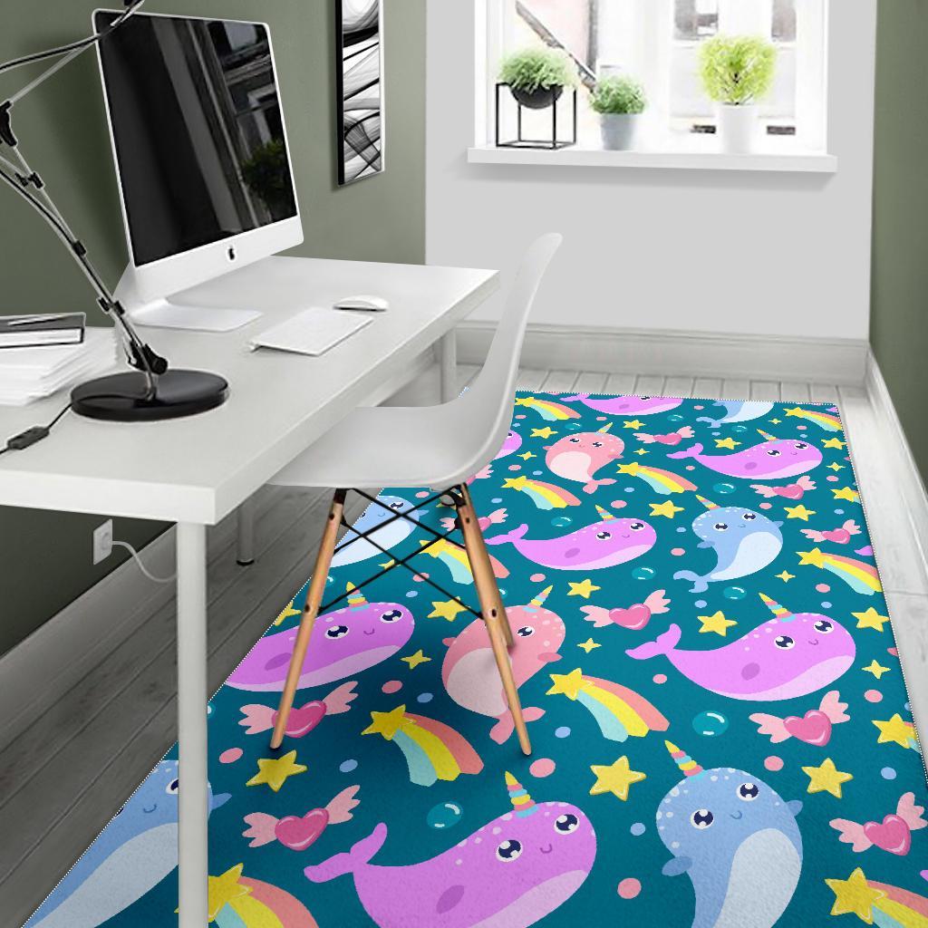 Rainbow Narwhal Pattern Print Floor Mat-grizzshop