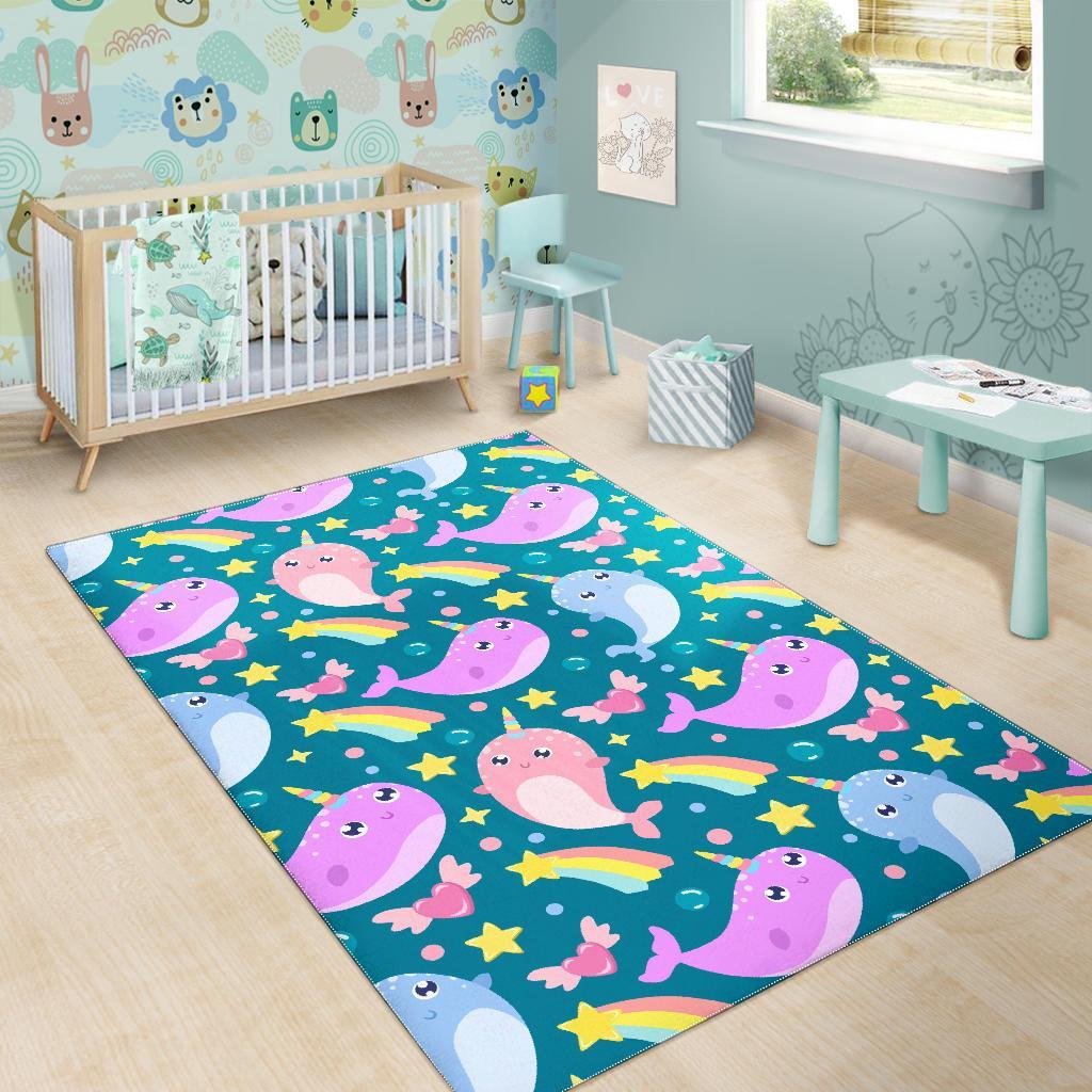 Rainbow Narwhal Pattern Print Floor Mat-grizzshop