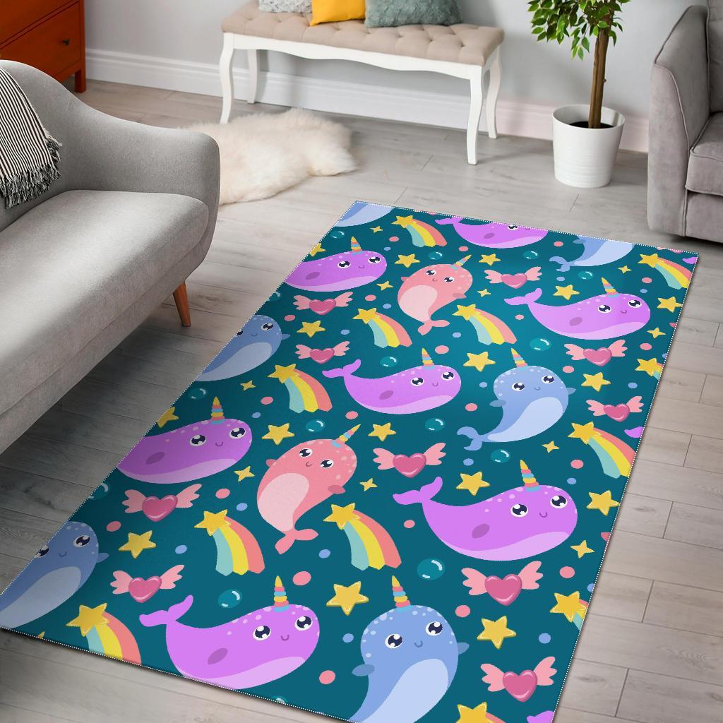 Rainbow Narwhal Pattern Print Floor Mat-grizzshop