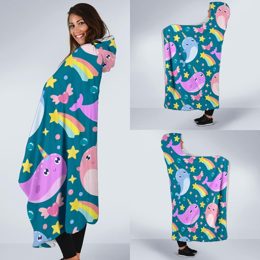 Rainbow Narwhal Pattern Print Hooded Blanket-grizzshop