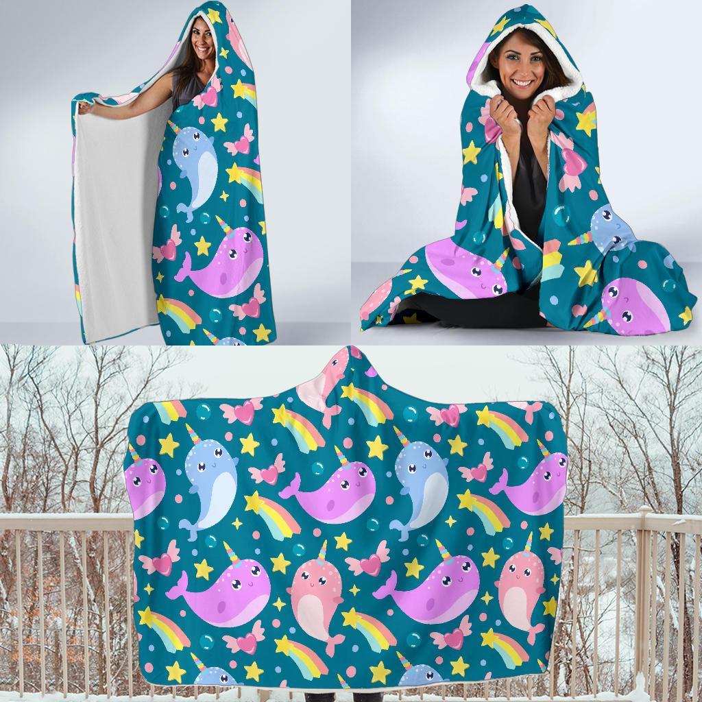 Rainbow Narwhal Pattern Print Hooded Blanket-grizzshop