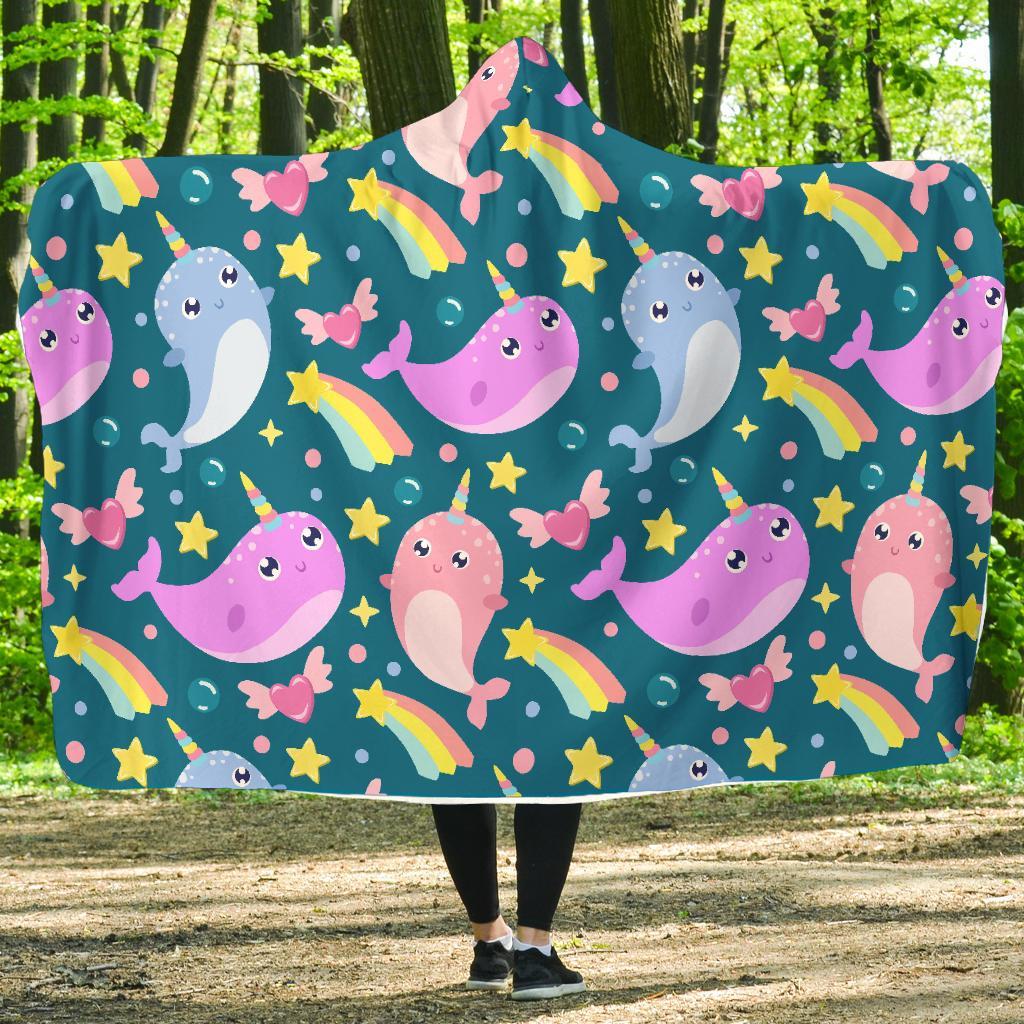 Rainbow Narwhal Pattern Print Hooded Blanket-grizzshop