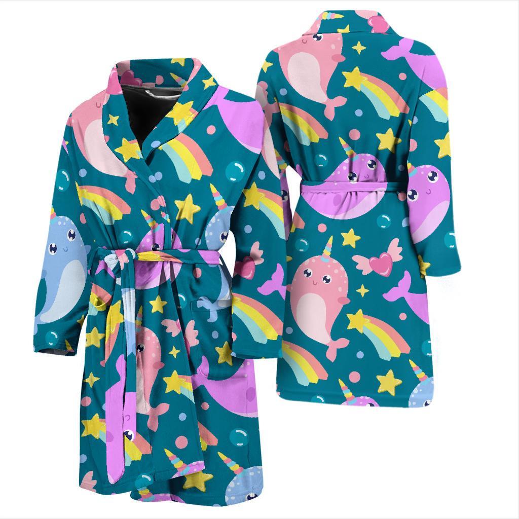 Rainbow Narwhal Pattern Print Men Long Robe-grizzshop