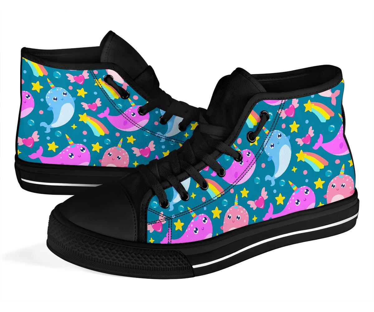 Rainbow Narwhal Pattern Print Men Women's High Top Shoes-grizzshop