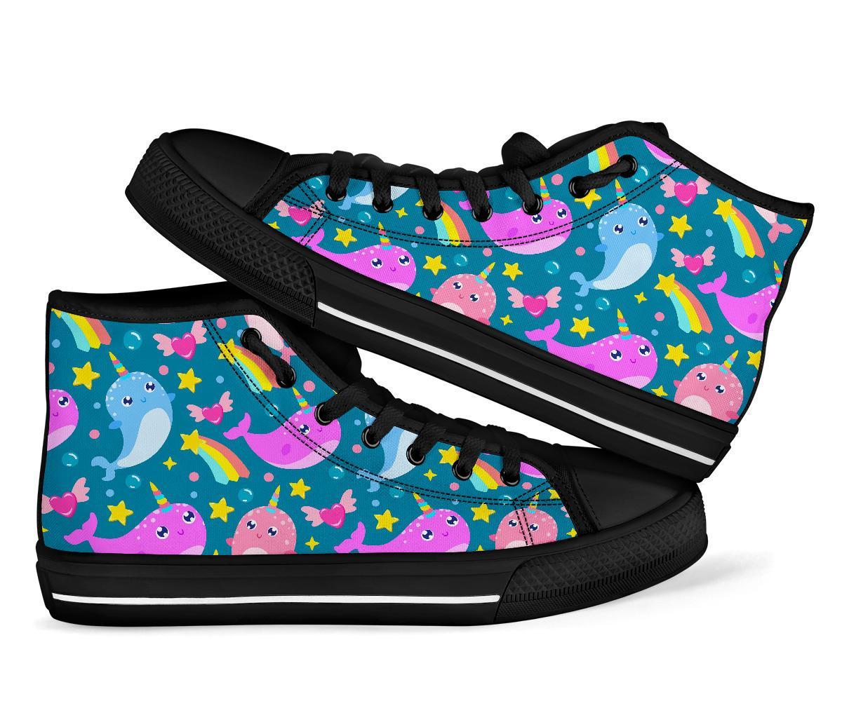 Rainbow Narwhal Pattern Print Men Women's High Top Shoes-grizzshop