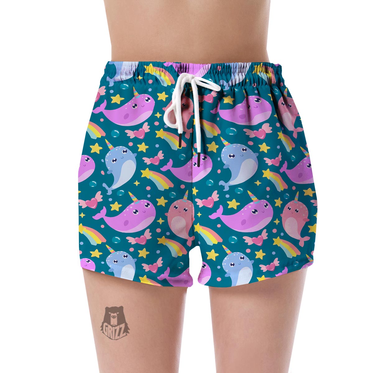 Rainbow Narwhal Pattern Print Women's Shorts-grizzshop