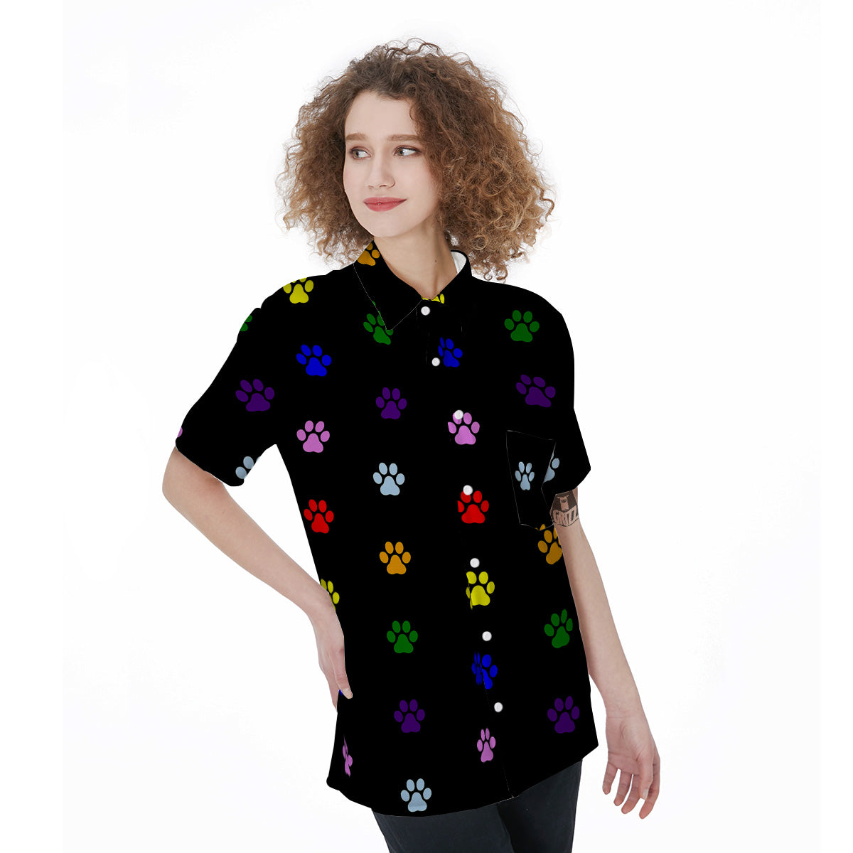 Rainbow Paw LGBT Print Pattern Paw Print Women's Short Sleeve Shirts-grizzshop