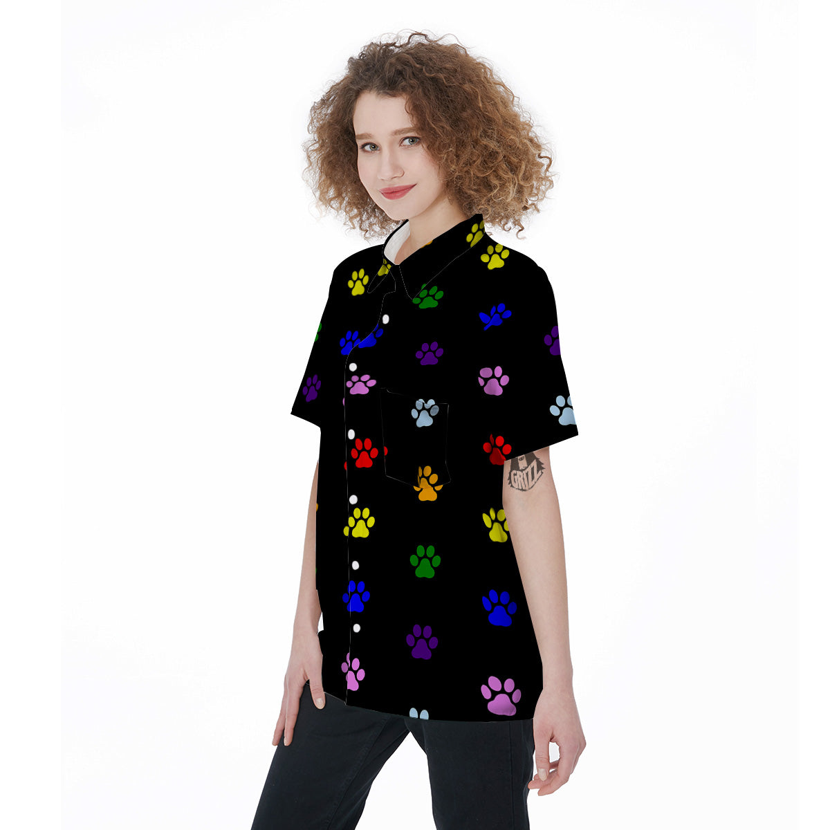 Rainbow Paw LGBT Print Pattern Paw Print Women's Short Sleeve Shirts-grizzshop