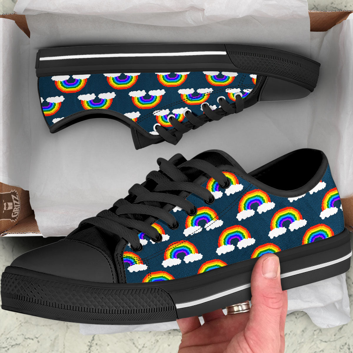Rainbow Pixel Print Pattern Black Low Top Shoes-grizzshop