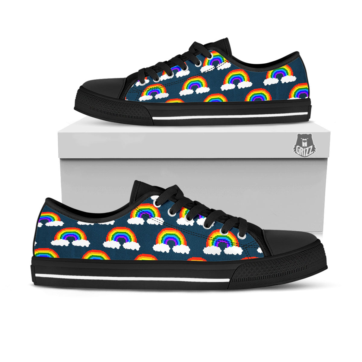 Rainbow Pixel Print Pattern Black Low Top Shoes-grizzshop