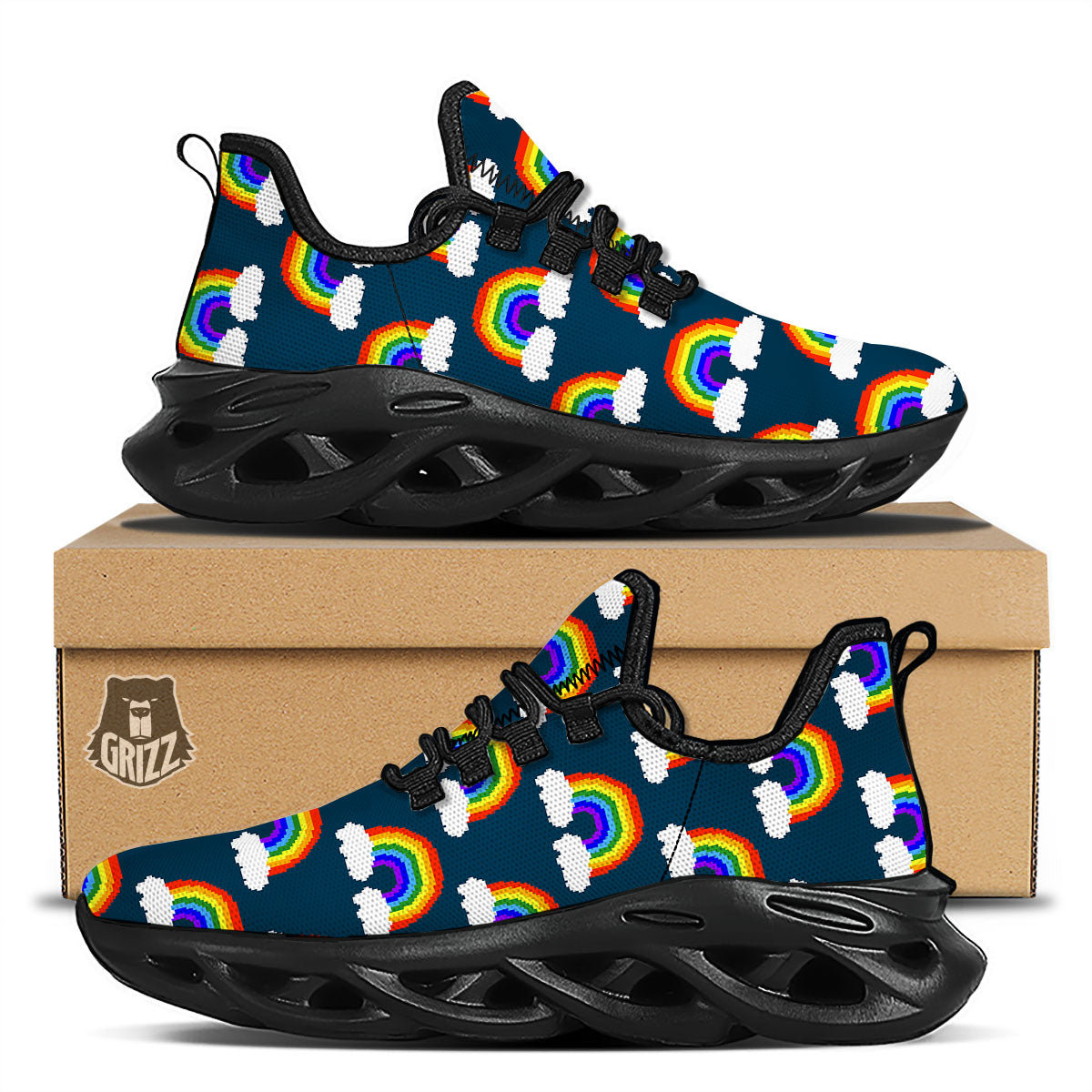 Rainbow Pixel Print Pattern Black Running Shoes-grizzshop
