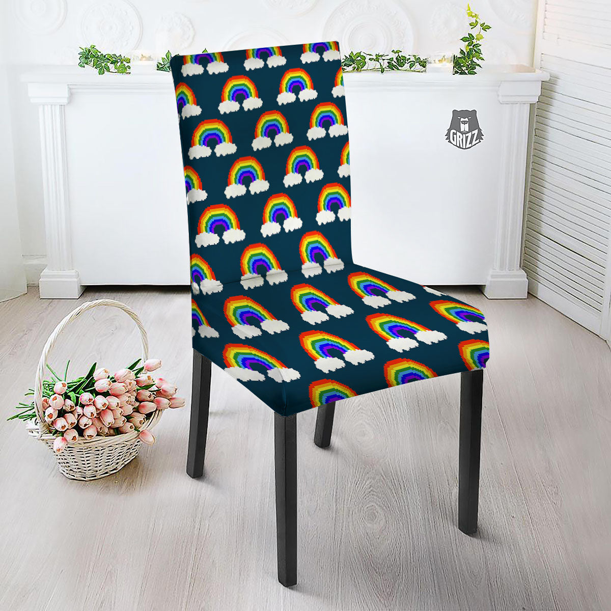 Rainbow Pixel Print Pattern Dining Chair Slipcover-grizzshop