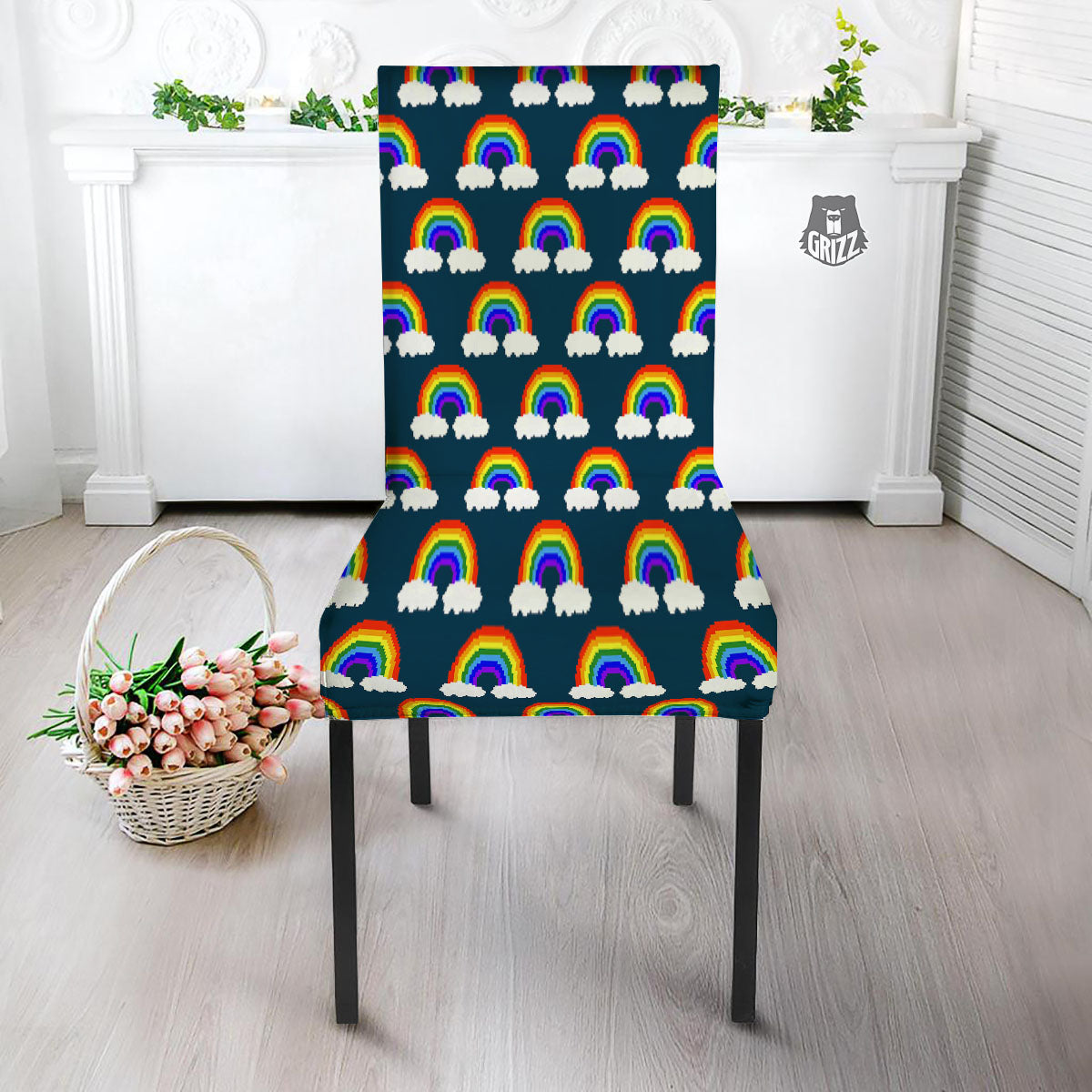 Rainbow Pixel Print Pattern Dining Chair Slipcover-grizzshop