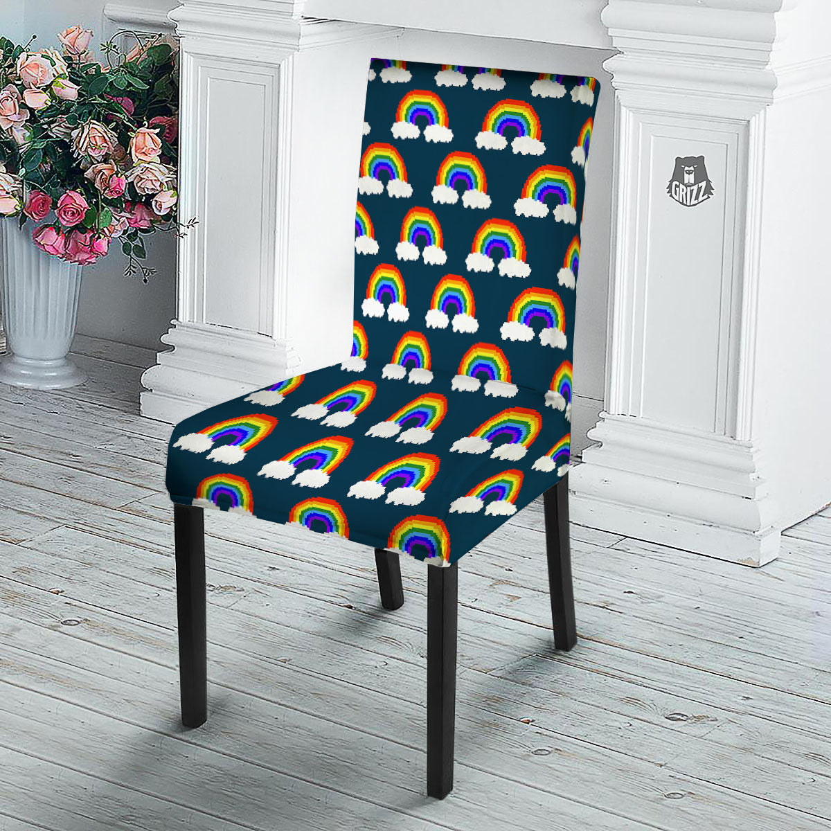 Rainbow Pixel Print Pattern Dining Chair Slipcover-grizzshop