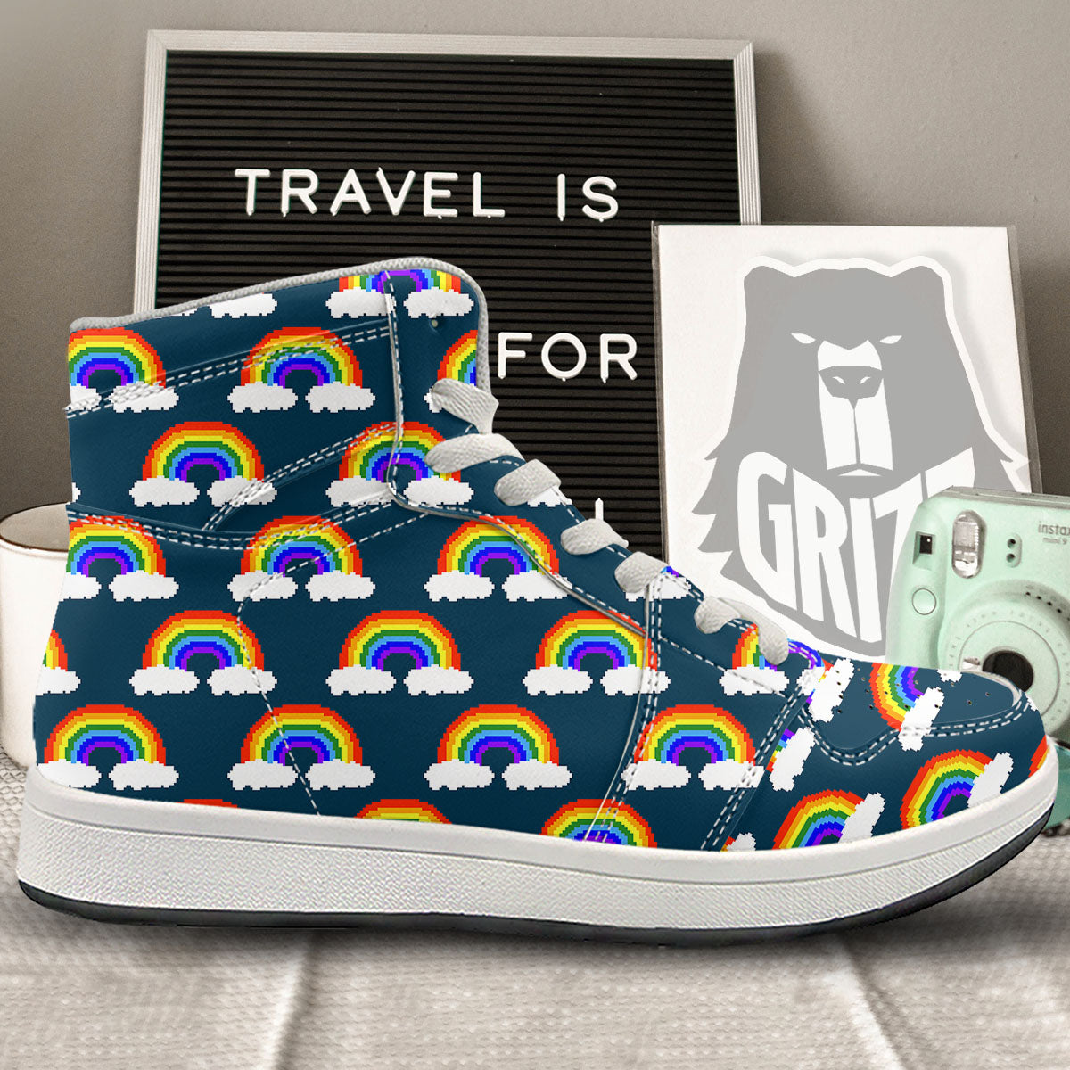 Rainbow Pixel Print Pattern High Top Sneakers-grizzshop