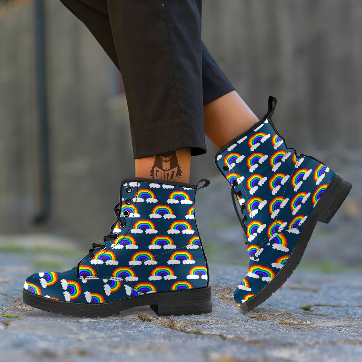 Rainbow Pixel Print Pattern Leather Boots-grizzshop