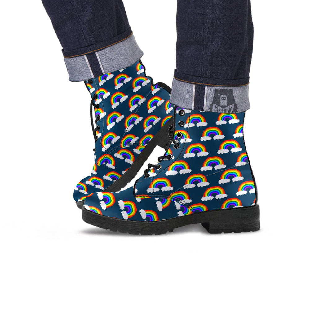 Rainbow Pixel Print Pattern Leather Boots-grizzshop