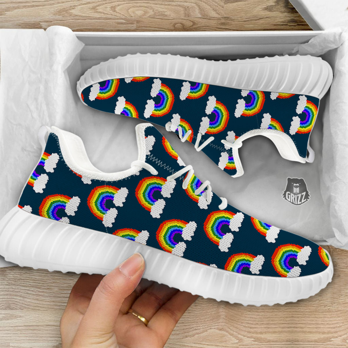 Rainbow Pixel Print Pattern White Walking Shoes-grizzshop