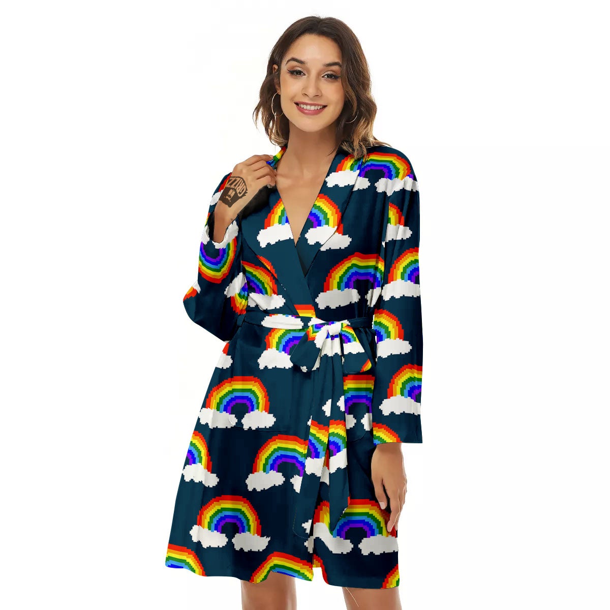Rainbow Pixel Print Pattern Women's Robe-grizzshop