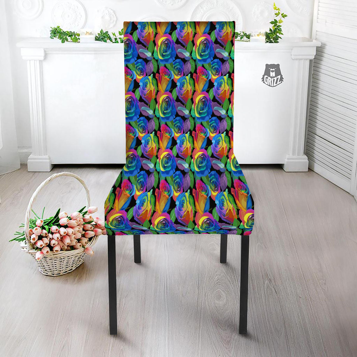 Rainbow Roses LGBT Pride Print Pattern Dining Chair Slipcover-grizzshop