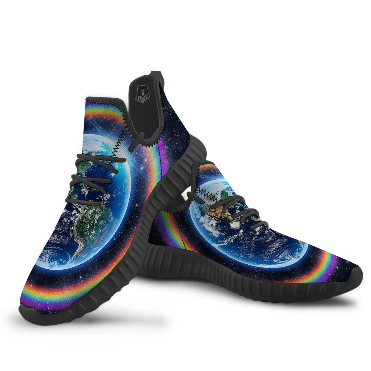 Rainbow The Earth Print Black Walking Shoes-grizzshop