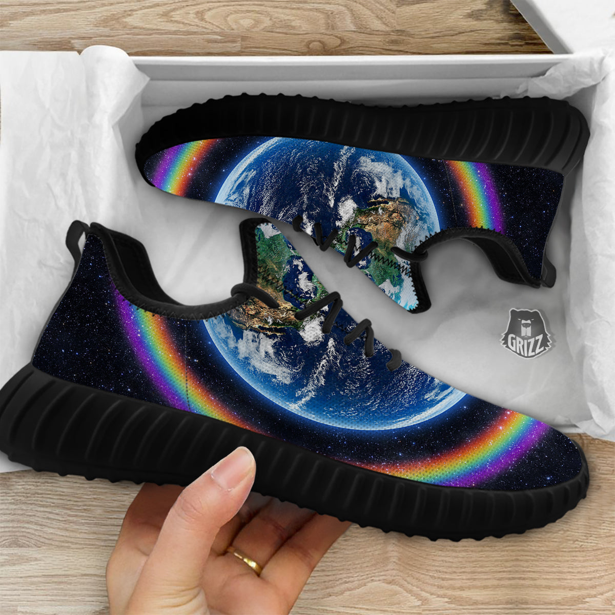 Rainbow The Earth Print Black Walking Shoes-grizzshop