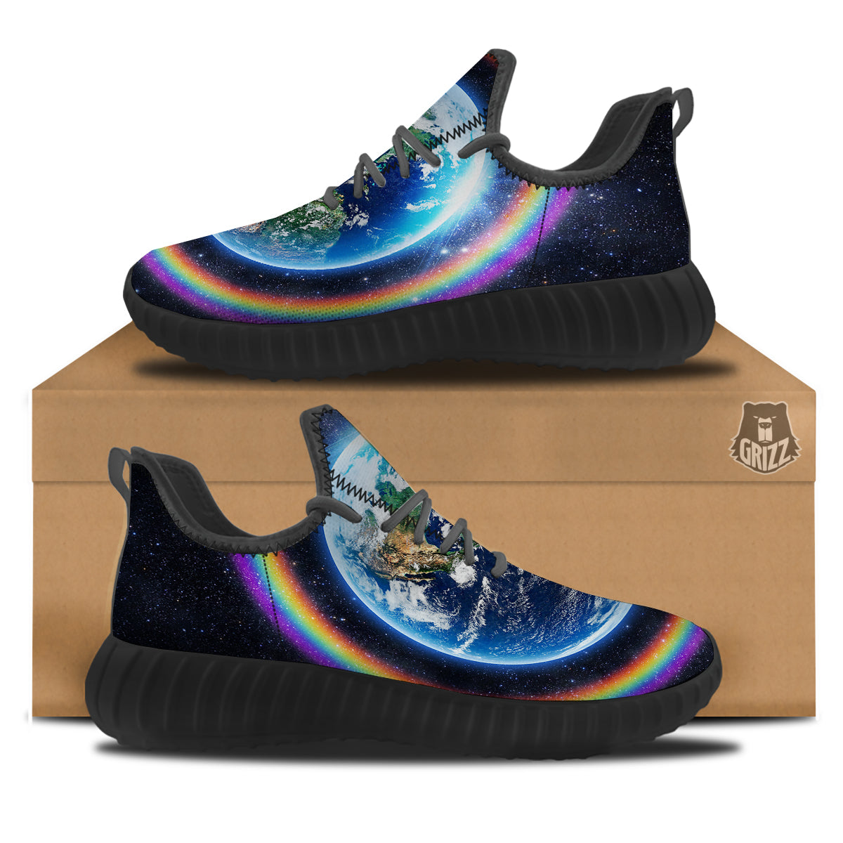 Rainbow The Earth Print Black Walking Shoes-grizzshop