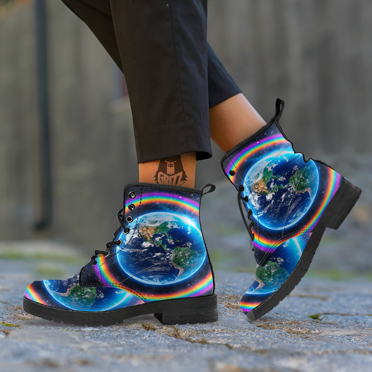 Rainbow The Earth Print Leather Boots-grizzshop