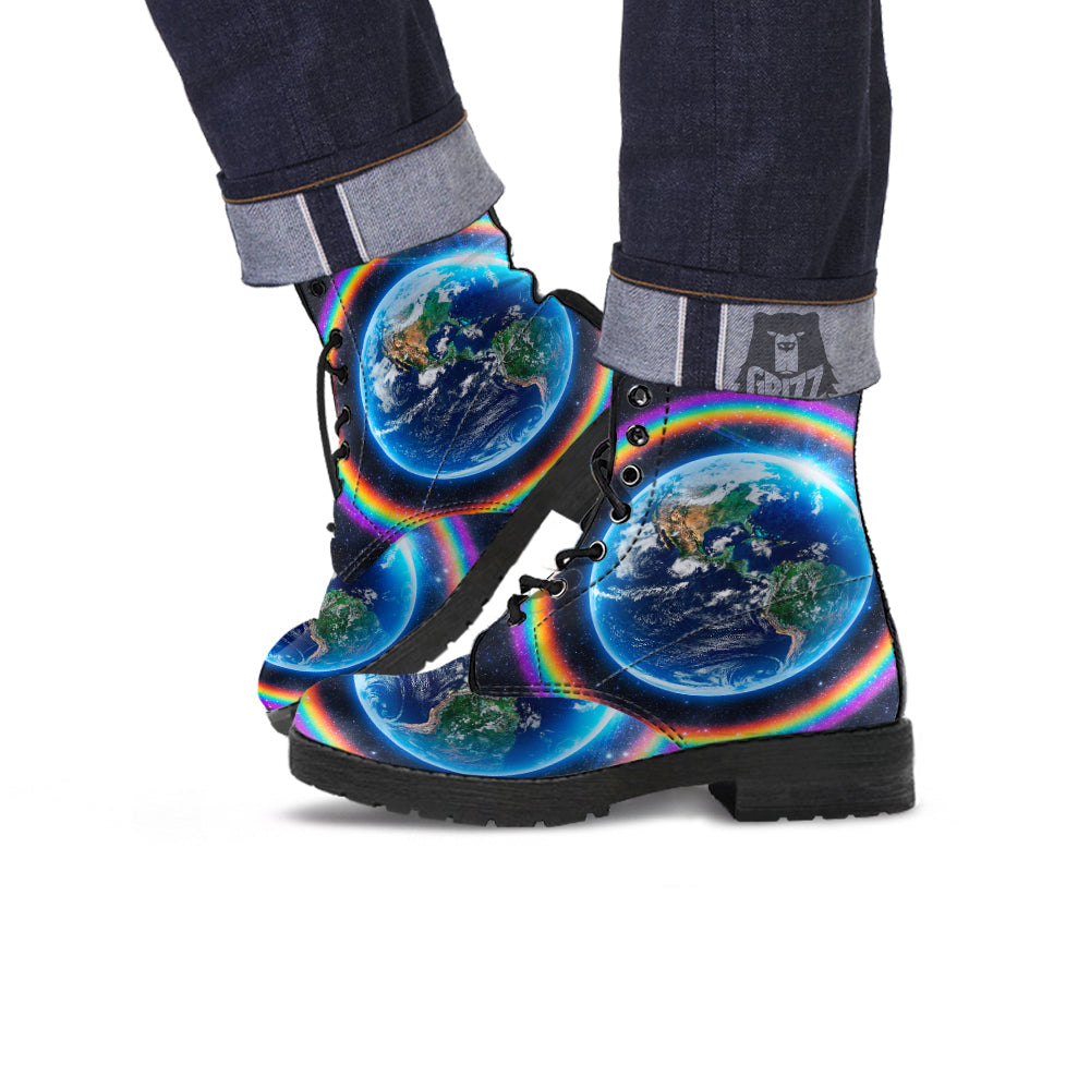 Rainbow The Earth Print Leather Boots-grizzshop