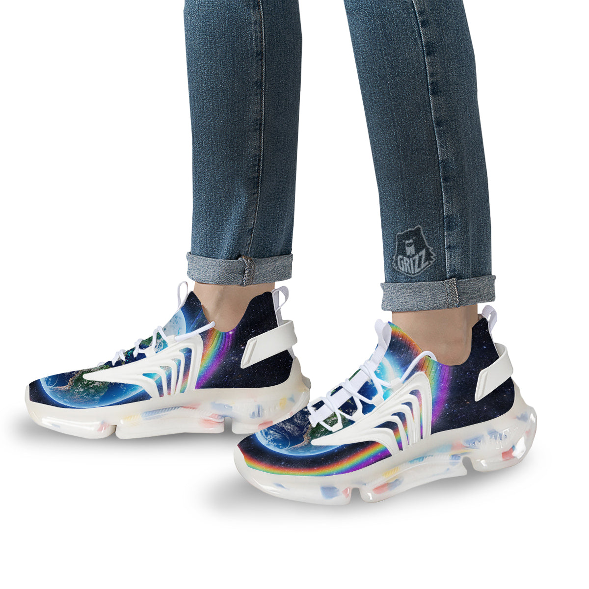 Rainbow The Earth Print White Gym Shoes-grizzshop