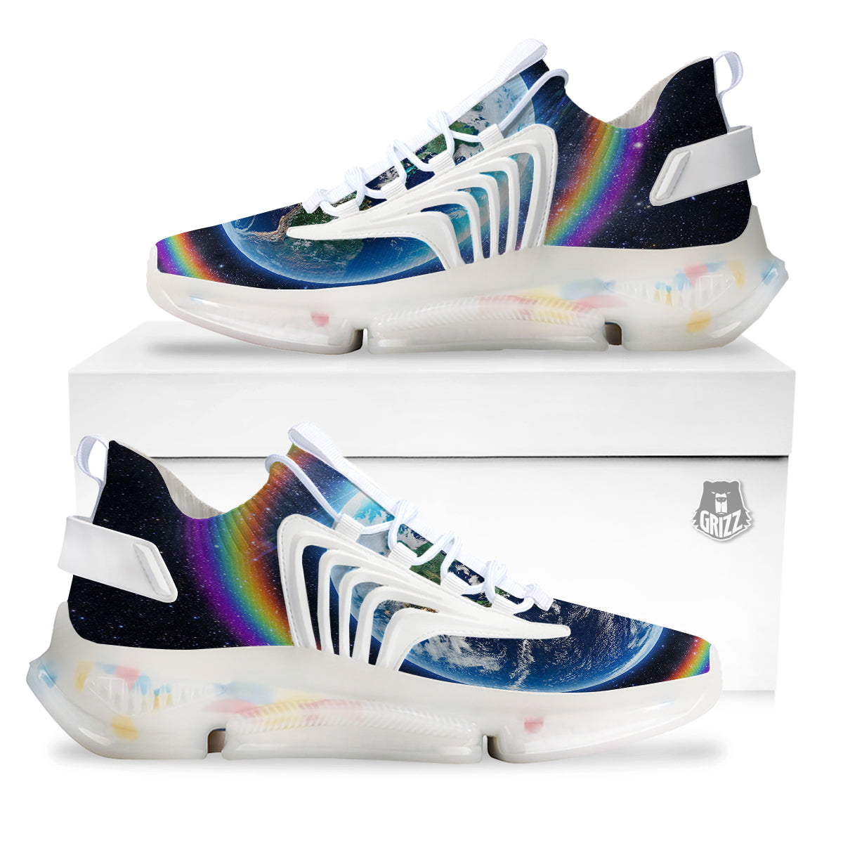 Rainbow The Earth Print White Gym Shoes-grizzshop