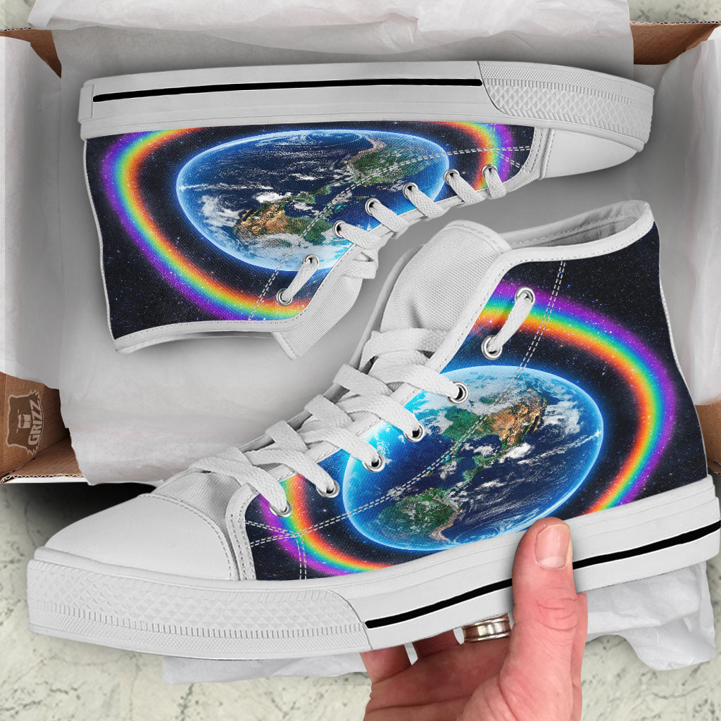 Rainbow The Earth Print White High Top Shoes-grizzshop