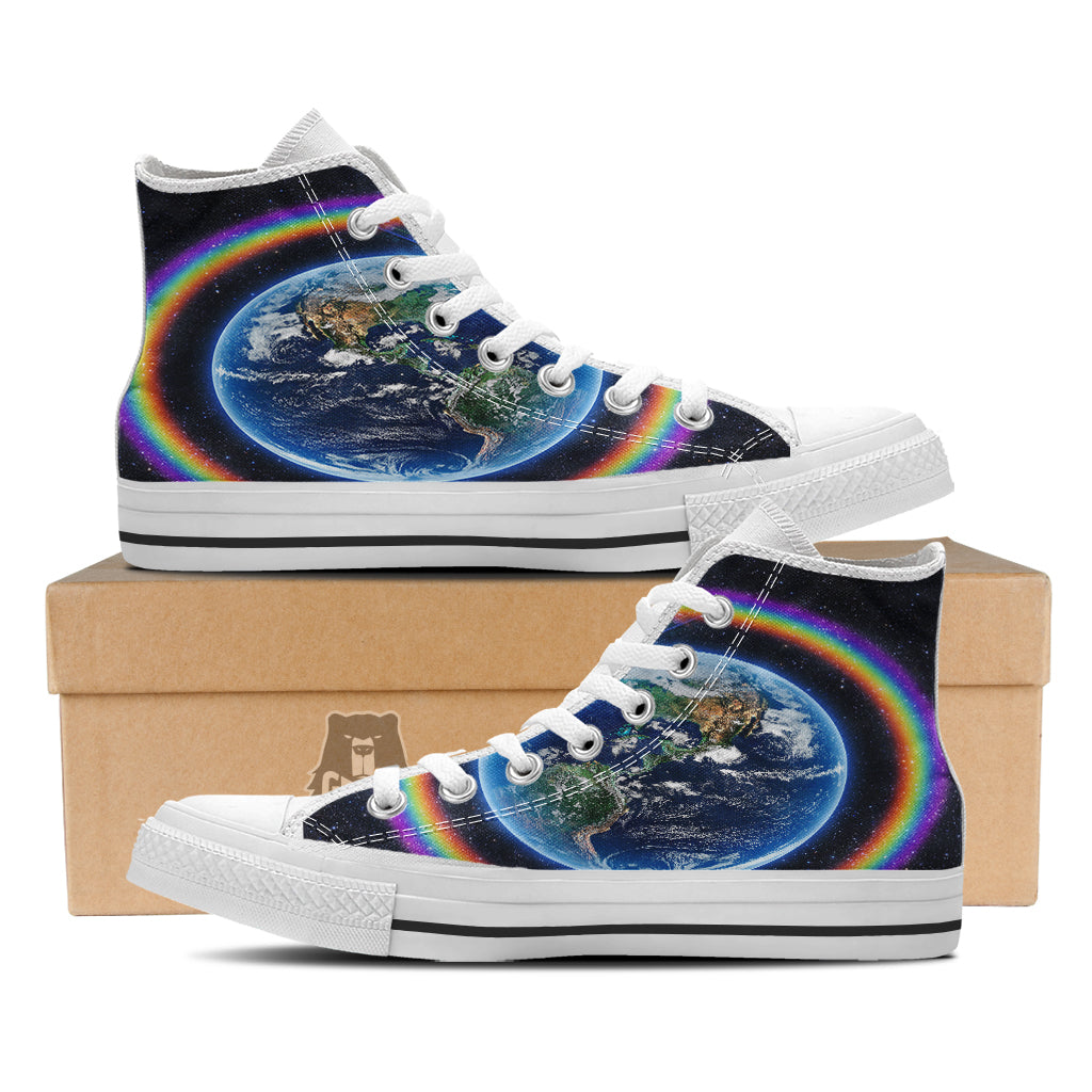Rainbow The Earth Print White High Top Shoes-grizzshop