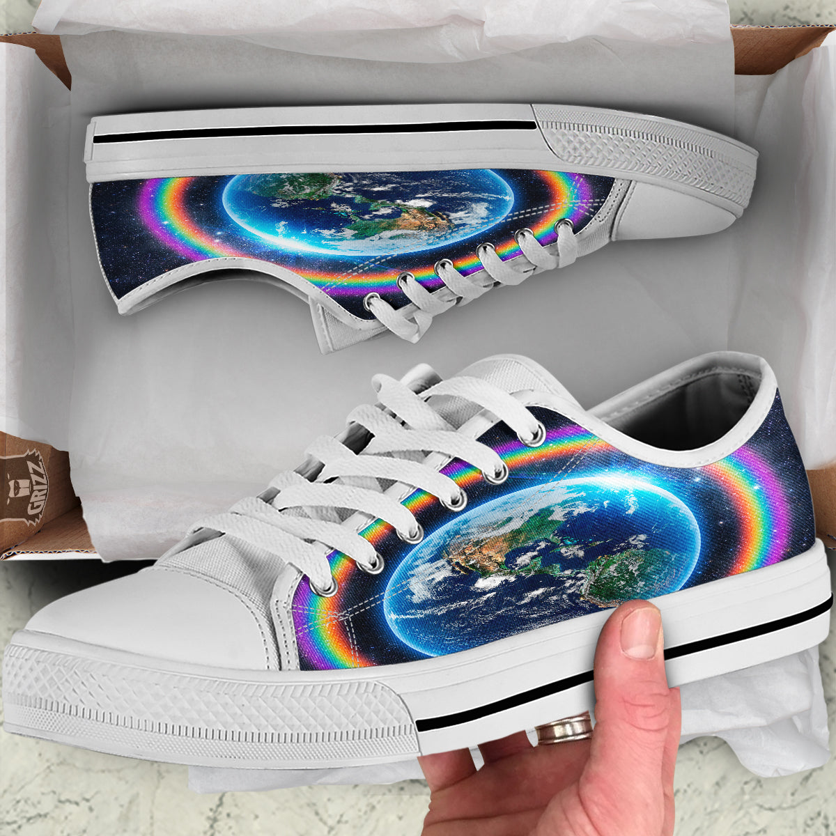 Rainbow The Earth Print White Low Top Shoes-grizzshop