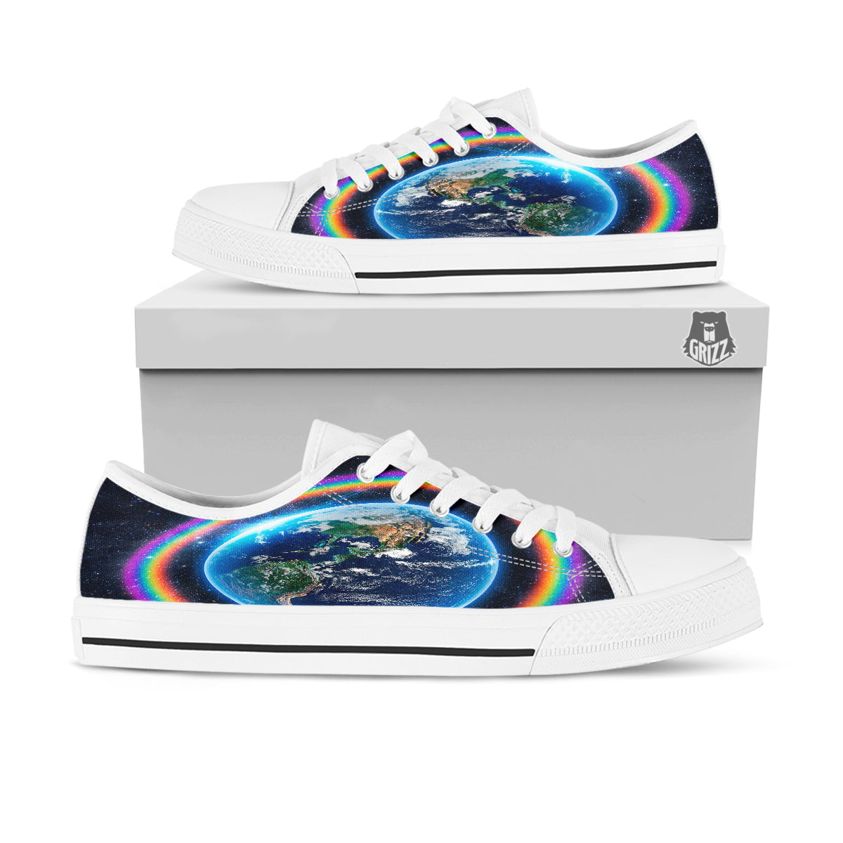 Rainbow The Earth Print White Low Top Shoes-grizzshop