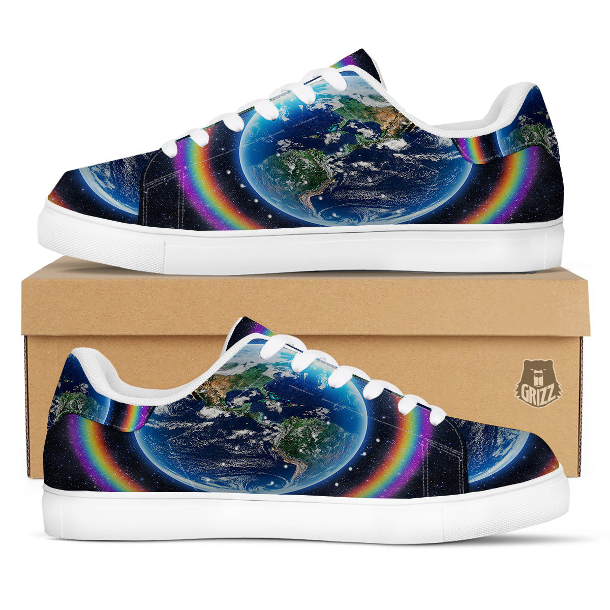Rainbow The Earth Print White Low Top Sneakers-grizzshop
