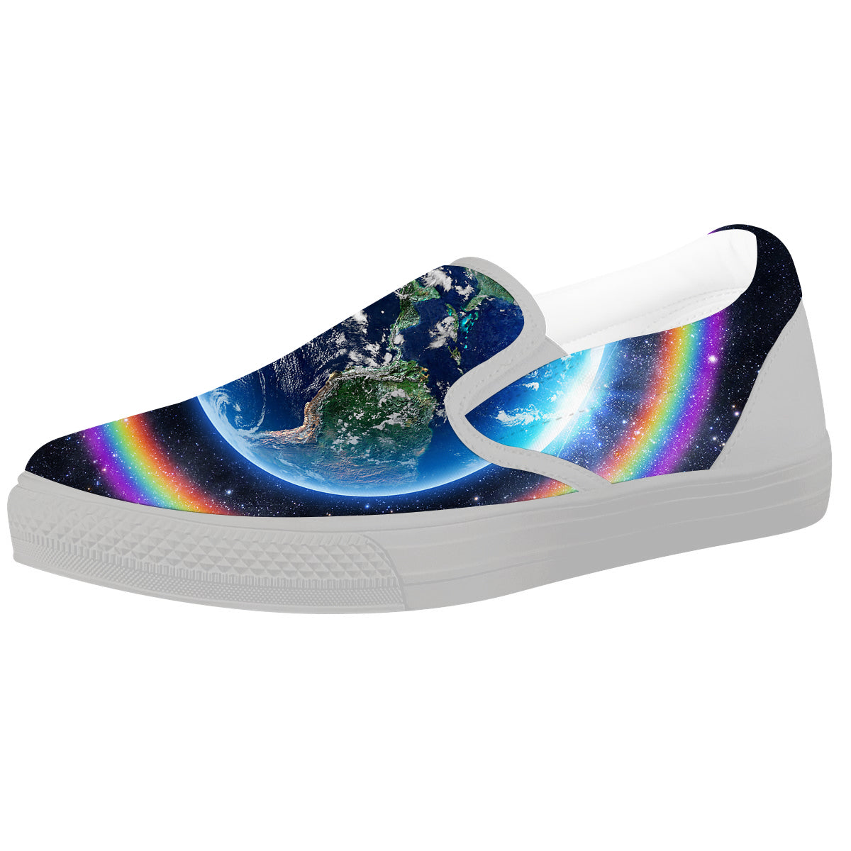 Rainbow The Earth Print White Slip On Shoes-grizzshop