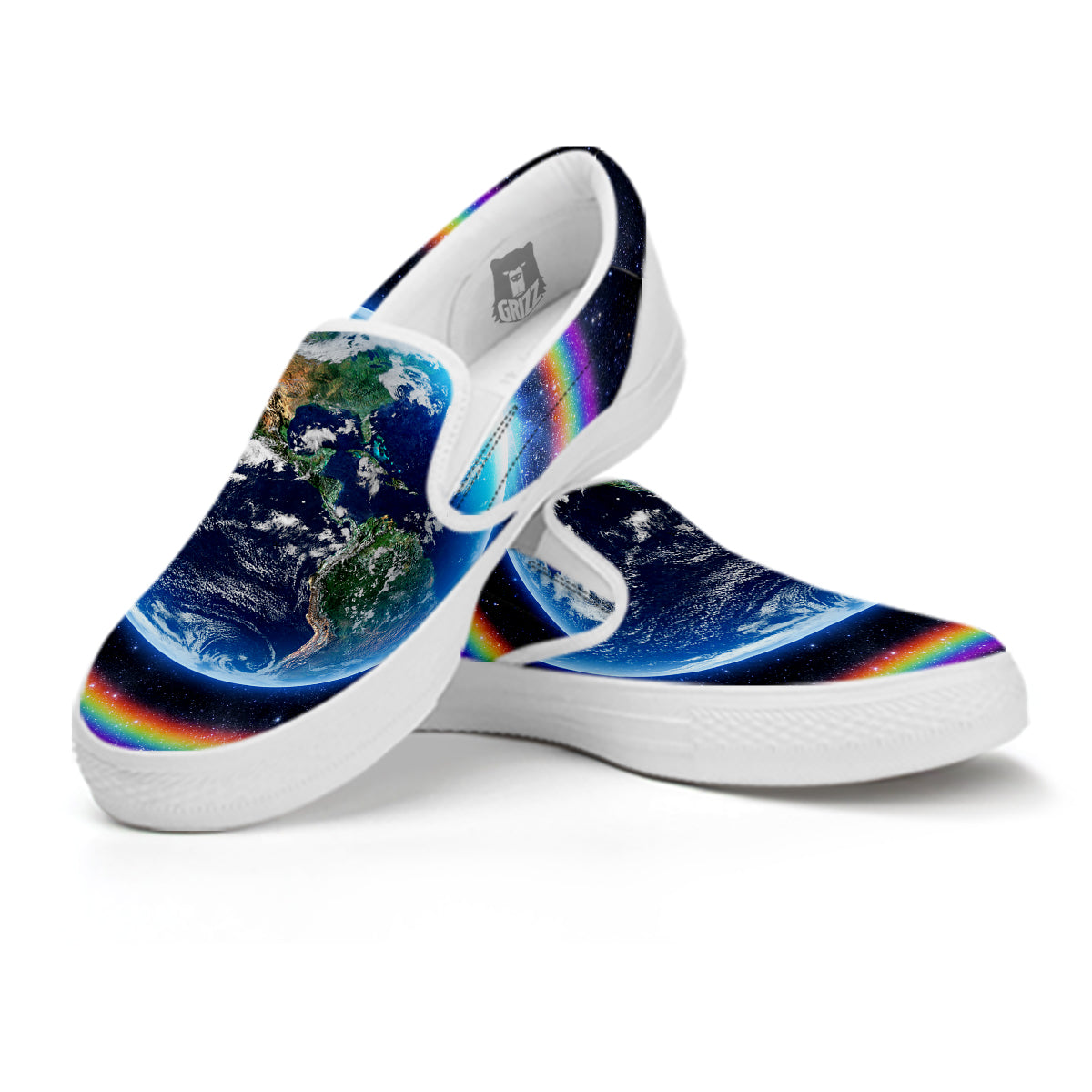 Rainbow The Earth Print White Slip On Shoes-grizzshop