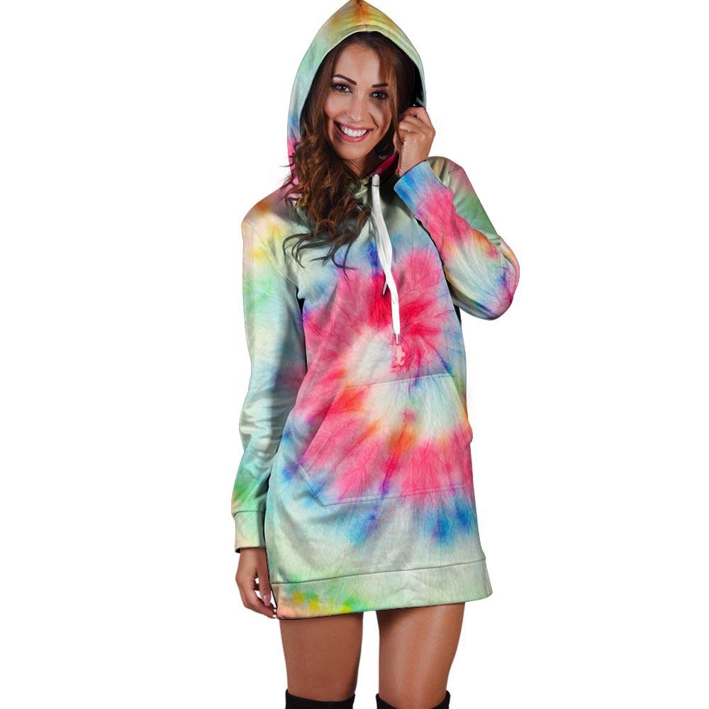 Rainbow Tie Dye Hoodie Dress-grizzshop