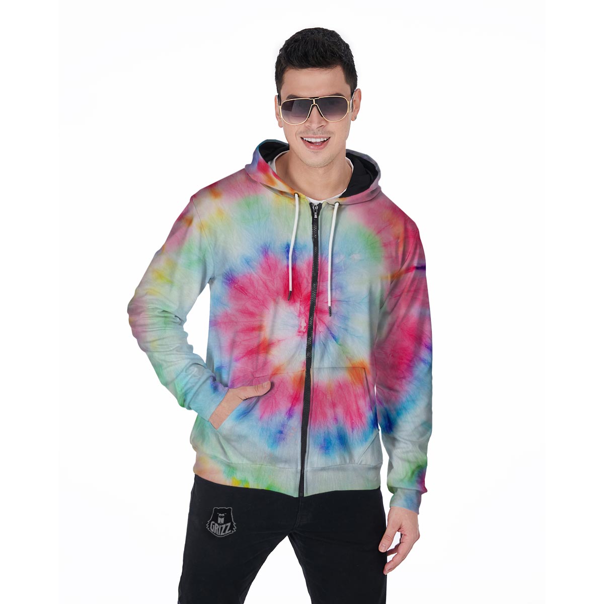 Rainbow Tie Dye Men's Zip Up Hoodie-grizzshop