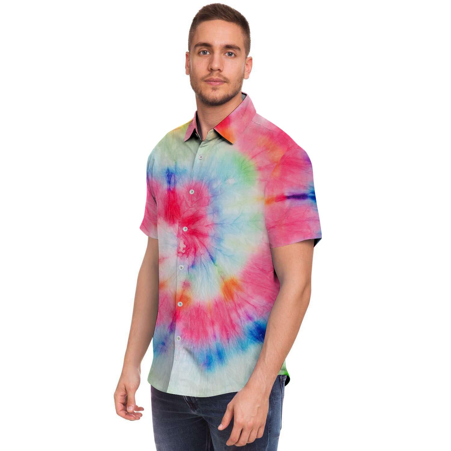 Rainbow Tie Dye Print Men's Short Sleeve Shirt-grizzshop