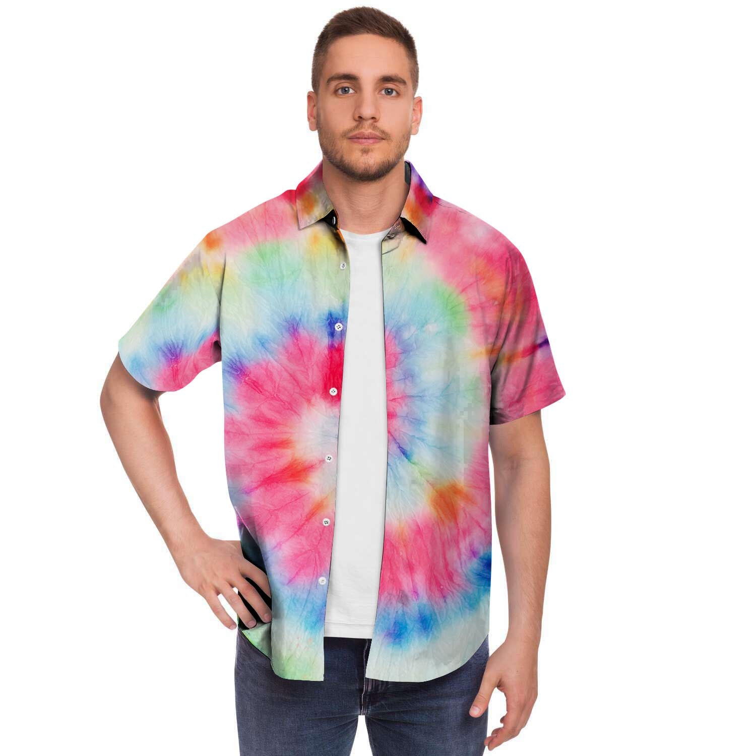 Rainbow Tie Dye Print Men's Short Sleeve Shirt-grizzshop