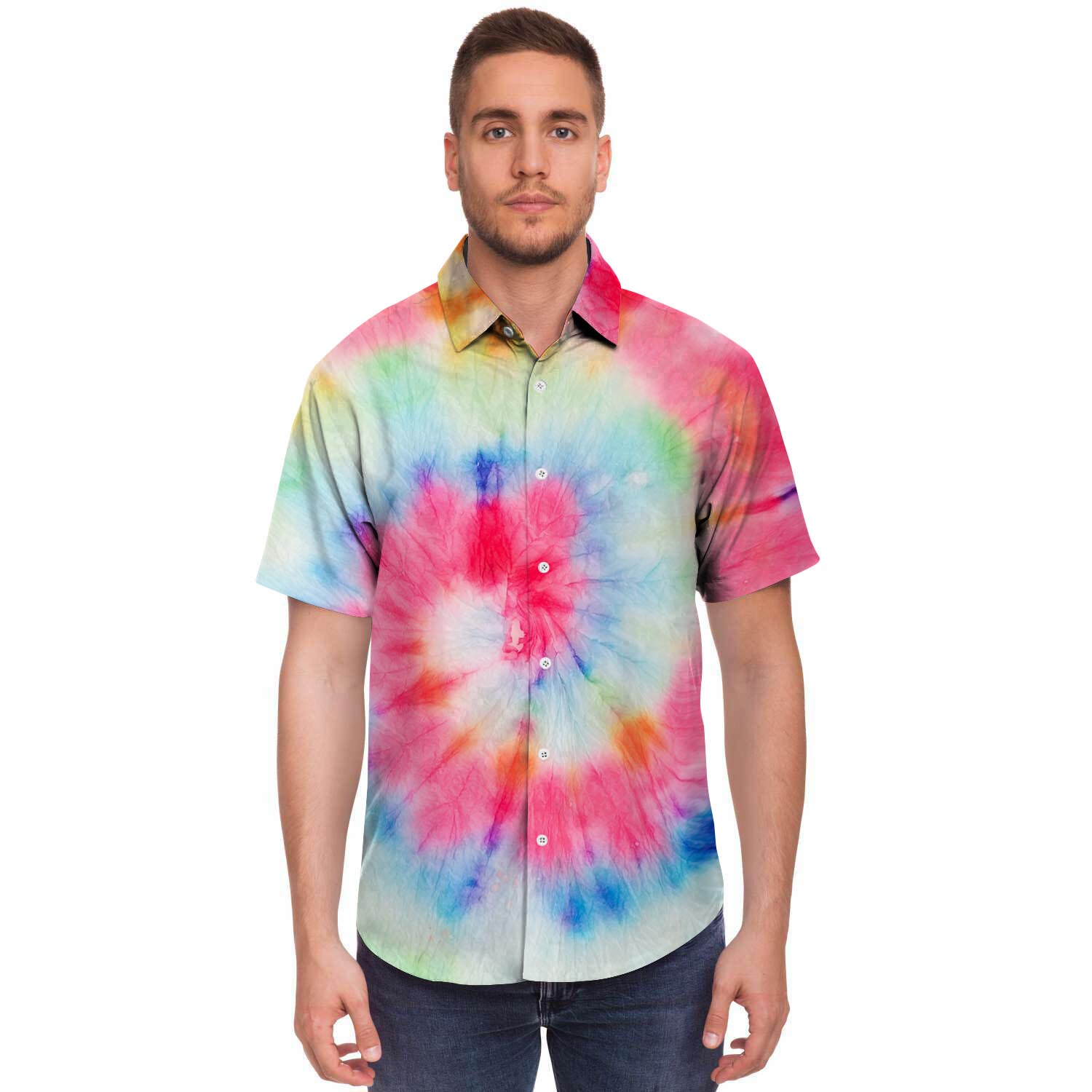 Rainbow Tie Dye Print Men's Short Sleeve Shirt-grizzshop