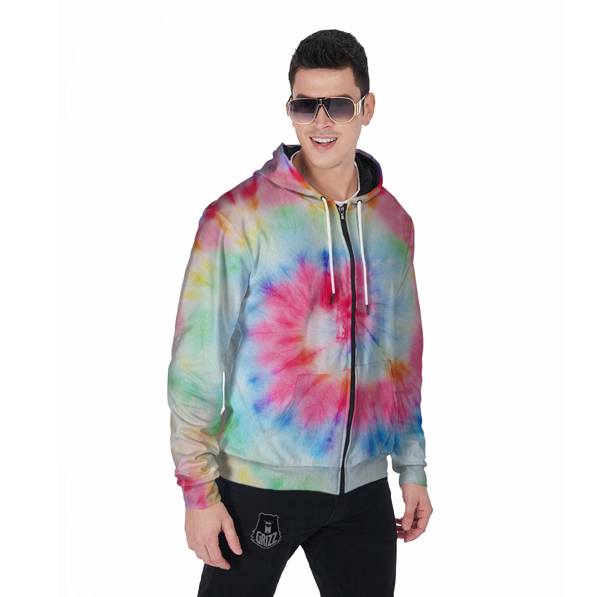 Rainbow Tie Dye Print Men's Zip Up Hoodie-grizzshop