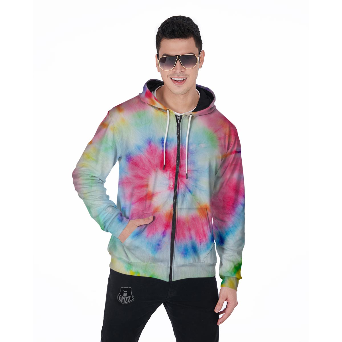 Rainbow Tie Dye Print Men's Zip Up Hoodie-grizzshop