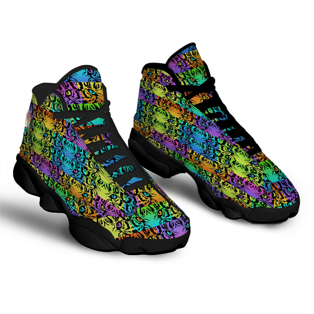 Rainbow Tiger Eyes Print Pattern Black Basketball Shoes-grizzshop